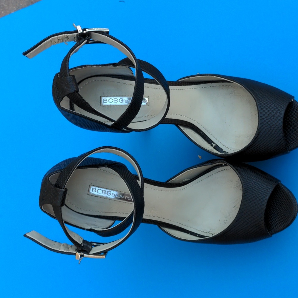 BCBG peep toe ankle strap platforms